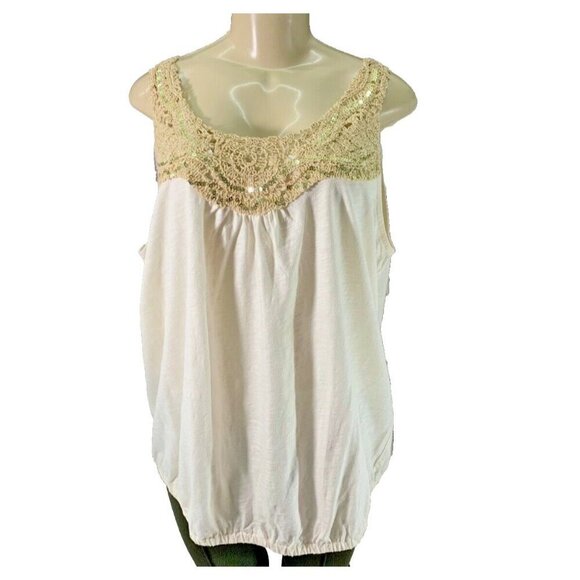 Lane Bryant Plus 1X Eggshell Scoop Tan Crochet Neck Elastic Hem Sleeveless Top - Picture 2 of 6